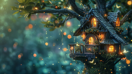 A whimsical tree house adorned with twinkling fairy lights, providing shelter for a family of fireflies glowing softly in the night.