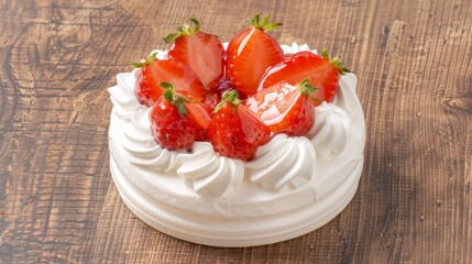  a close up of a cake on a table with strawberries on top of the cake and whipped cream on the top of the cake.
