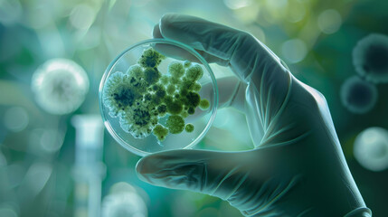 A gloved hand holding a petri dish with various bacteria cultures visible against a blue background.