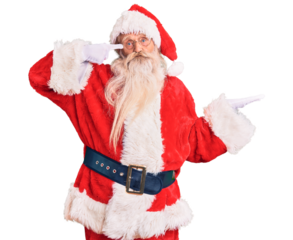 Old senior man with grey hair and long beard wearing traditional santa claus costume confused and annoyed with open palm showing copy space and pointing finger to forehead. think about it.
