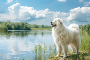 A Kuvasz-Hungarian Puli enjoying a sunny day by the lake, captured in a joyful moment, with space for text on the top right corner.