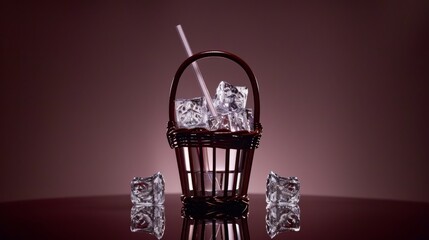 Fototapeta na wymiar a basket filled with lots of ice cubes next to a glass of water with a straw sticking out of it.