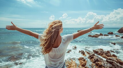 A blonde woman with outstretched arms enjoying the view and fresh air at a rocky beach, looking towards the ocean - obrazy, fototapety, plakaty