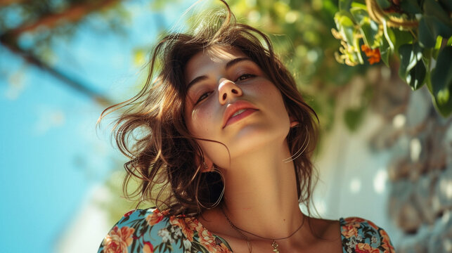 beautiful young woman wearing a floral playsuit on sunny summer day in Greece 