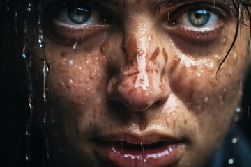 
A close-up portrait capturing the anxiety and distress on a woman's face, symbolizing the impact of fearmongering on individuals - obrazy, fototapety, plakaty