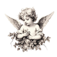Fototapeta premium Cute Hand Drawn Cherubs Cupids clipart, Fine line art angel illustrations, Cherubs art wedding card