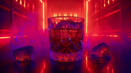  a close up of a glass with ice cubes in front of a red and purple background with neon lights.