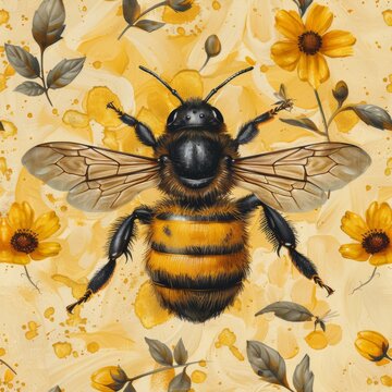 Valentine pattern honey beee in pastel yellow, and black colors, generated with AI