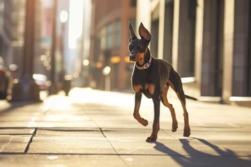 Foto op Canvas A Doberman trotting gracefully along a city sidewalk, its glossy coat shimmering in the urban sunlight, Copy Space. © Anna