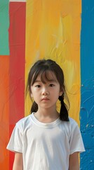 Asian child girl 4-6 years old in a white T-shirt without a pattern against the background of a colored wall