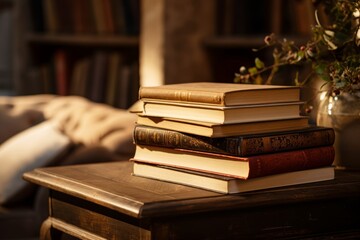 A Snug scene focused on the details of a stack of books on a side table, bathed in soft light, with the surrounding space softly blurred, evoking a quiet reading atmosphere. - Powered by Adobe