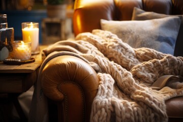 Fototapeta na wymiar A Snug shot capturing the intricate patterns of a cozy knitted throw blanket draped over a plush armchair, with the surrounding space softly blurred, inviting viewers to sink into comfort.
