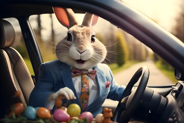 Playful Bunny in Car Sharing Colored Easter Egg Magic - obrazy, fototapety, plakaty