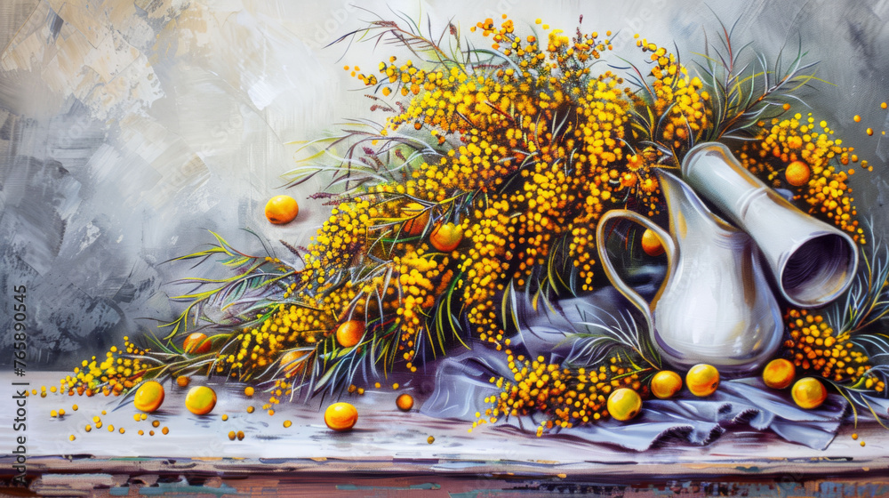 Wall mural  a painting of a bunch of oranges and a white pitcher on a table with a bunch of oranges on it. - Wall murals