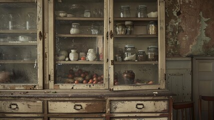  an old china cabinet with many jars and jars on it's glass doors and a wooden table with a chair in front of it.