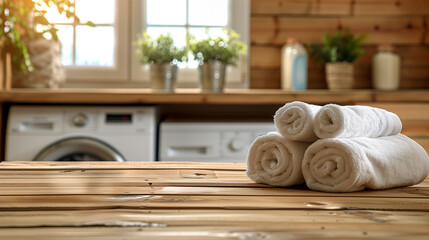 Fototapeta na wymiar Towels and Wooden Board in Laundry Space