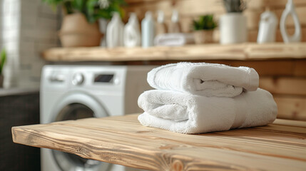 Towels on Wooden Board Against Washing Machine