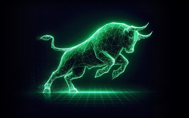 Striking Neon Luminescent Bull Representing Bull Market and Bullish Trend on the Stock Market. Concept of Strength and Energy in AI Digital Artwork. Design with a wireframe structure, illuminated agai