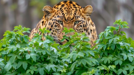  a close - up of a leopard's face peeking out through the leaves of a tree in a forest.