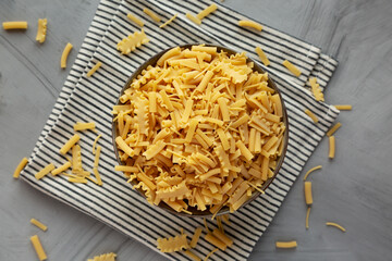 Dry Assorted Italian Pasta in a Bowl, top view. Flat lay, overhead, from above.