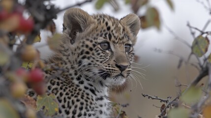 Fototapeta premium a close up of a small leopard in a tree with fruit on it's tree branch and a blurry background.