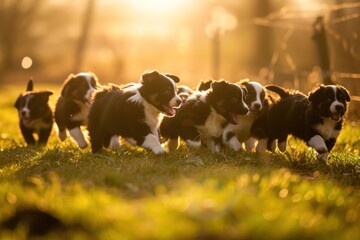A group of Border Collie puppies frolicking joyfully in a sunlit meadow, their fluffy coats bouncing with each exuberant leap as they explore their surroundings, - obrazy, fototapety, plakaty