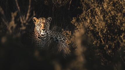  a close up of a leopard in a field of tall grass with trees in the background and bushes in the foreground. - obrazy, fototapety, plakaty