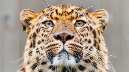Fototapeta premium a close - up of a leopard's face with a blurry background of wood planks in the background.