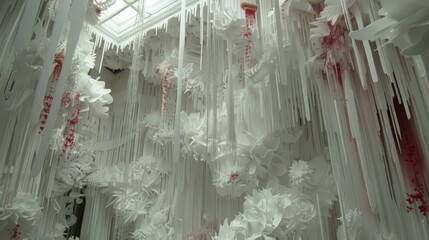  a room filled with lots of white and red ribbons hanging from the ceiling of a room filled with lots of white and red ribbons hanging from the ceiling.