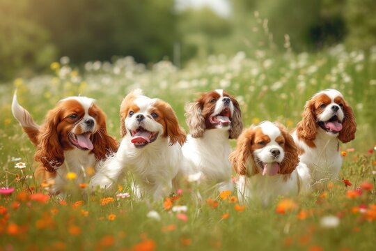Cavalier king charles spaniel puppies frolicking in flower field