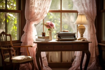 Dreamy Coquette aesthetic-inspired workspace, featuring an antique writing desk, lace curtains, and vintage typewriter, providing a charming backdrop for creative endeavors.