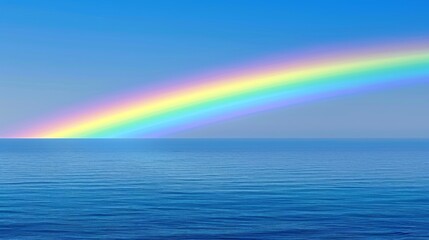  a rainbow in the middle of the ocean with a boat on the water in the foreground and a blue sky in the background.