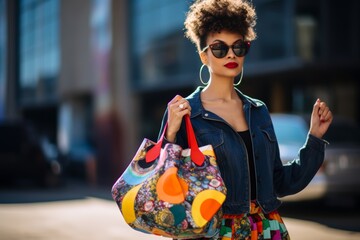 Woman sporting a fashionable tote bag crafted from repurposed textiles, emphasizing the trend of sustainable bags.
