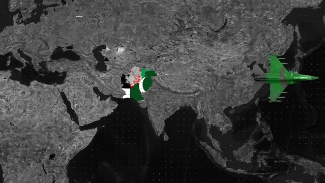 Jets flying and bombing over the map of Afghanistan and Pakistan