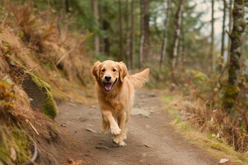 A happy Golden Retriever enjoying a scenic hike along a winding forest trail, its tail wagging with excitement, Copy Space.