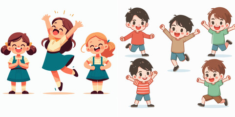 Vector set of cheerful kids jumping with a simple and minimalist flat design style