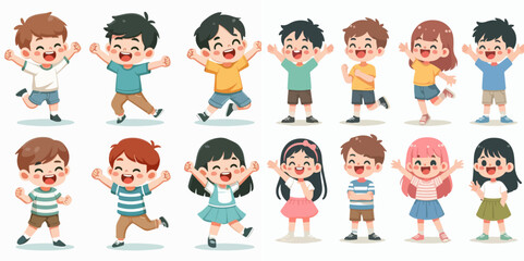 Vector set of cheerful kids jumping with a simple and minimalist flat design style