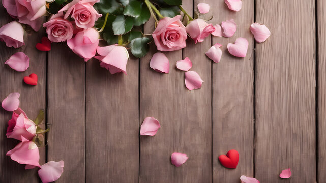 wooden background with roses and petals with empty space for greeting message. Love and greeting concept design. AI generated image, ai