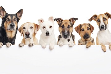 A heartwarming scene unfolds as dogs of various breeds proudly hold a white sheet of paper in their paws, each one showcasing their unique charm and personality.