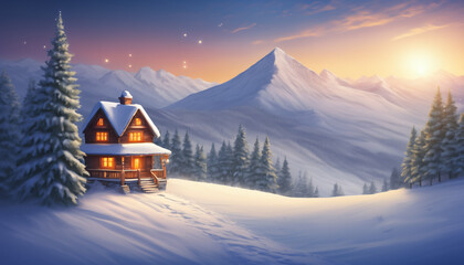 Solitary Mountain Cabin on Snowy Slope at Sunrise