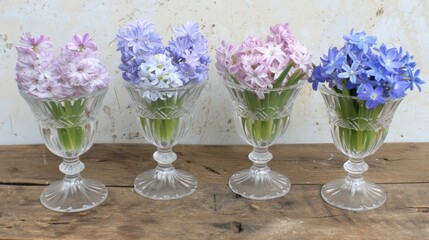  a group of three vases filled with purple and white flowers on top of a wooden table next to a wall.