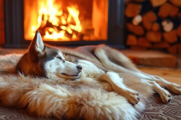 Fototapeta premium A Husky lounging on a cozy fur rug by the fireplace, its contented expression radiating warmth and comfort in the midst of winter,