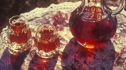  a pitcher of tea and two glasses of tea on a doily with a lace doily on the table. - obrazy, fototapety, plakaty