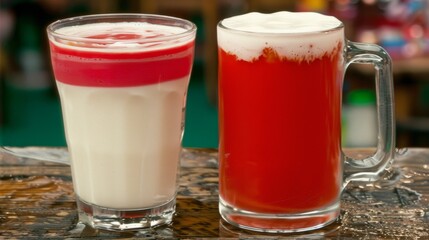  a couple of glasses filled with liquid sitting on top of a table next to each other on a wooden table.