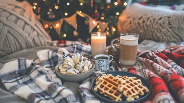  a table topped with a plate of waffles next to a cup of coffee and a plate of cookies.