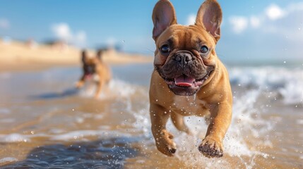 Photo of smiling french bulldog running on the beach during the summer season, active, realistic,generated with AI - obrazy, fototapety, plakaty