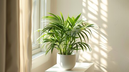A green potted plant sits on a window sill, bathed in sunlight from the outside