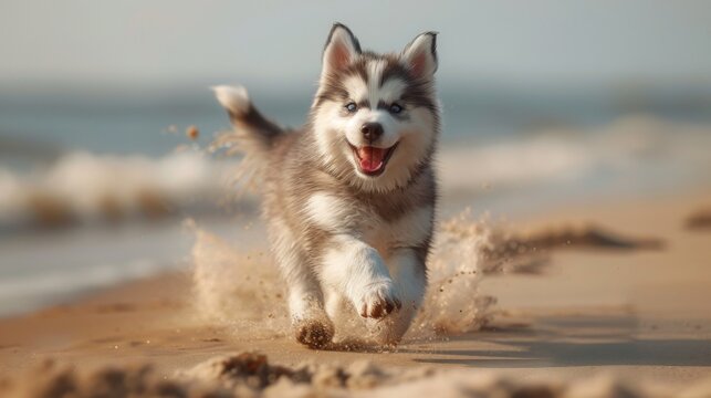 Photo of smiling husky running on the beach during the summer season, generated with AI