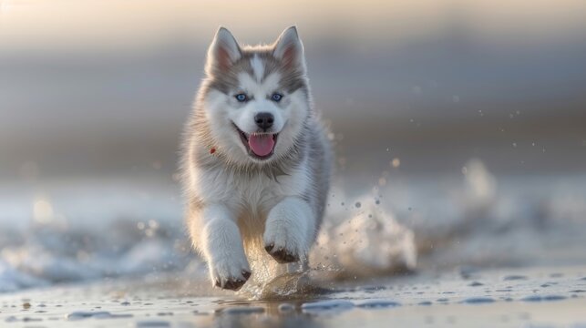 Photo of smiling husky running on the beach during the summer season, active, realistic,generated with AI