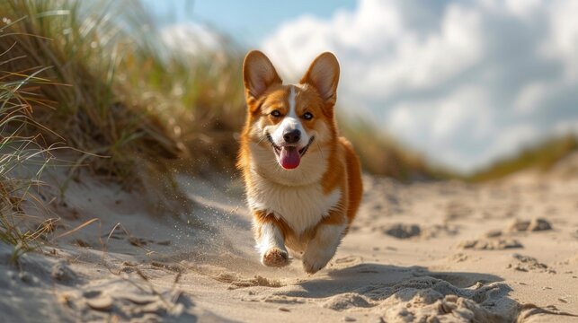 Photo of smiling corgi running on the beach during the summer season, active, realistic,generated with AI